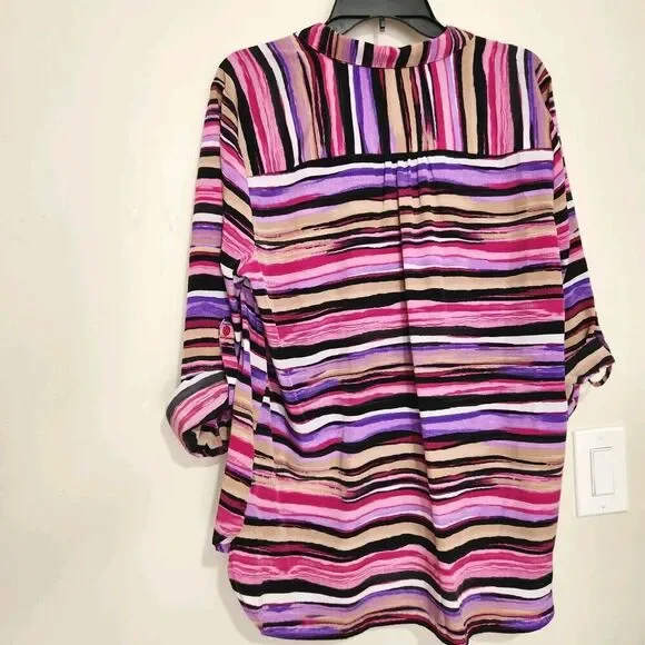 DANA BUCHMAN Top Roll Tab Sleeve Striped Size XL Hide Buttons - Picture 6 of 12